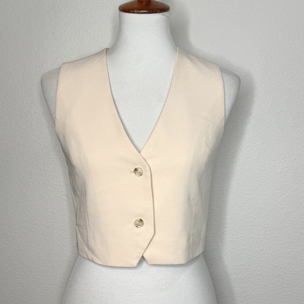 AVEC LES FILLES Cropped 2 Button Vest SMALL Cream‎ Lt Tan Lined Minimalist